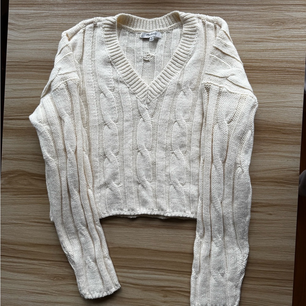 Madewell Cream V-Neck Cable Knit Sweater Cropped